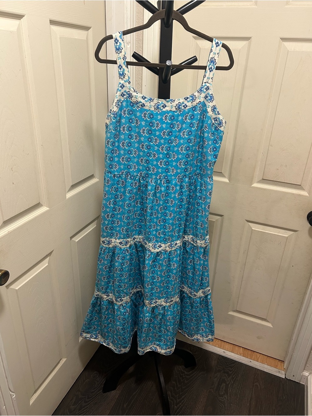 Harlow & Rose Teal Blue Floral Tiered Smocked Midi Sundress